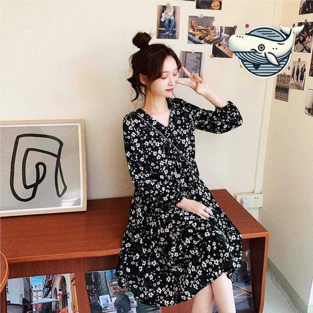 여성 브이넥 플라워 셔링 롱 원피스 캐주얼한