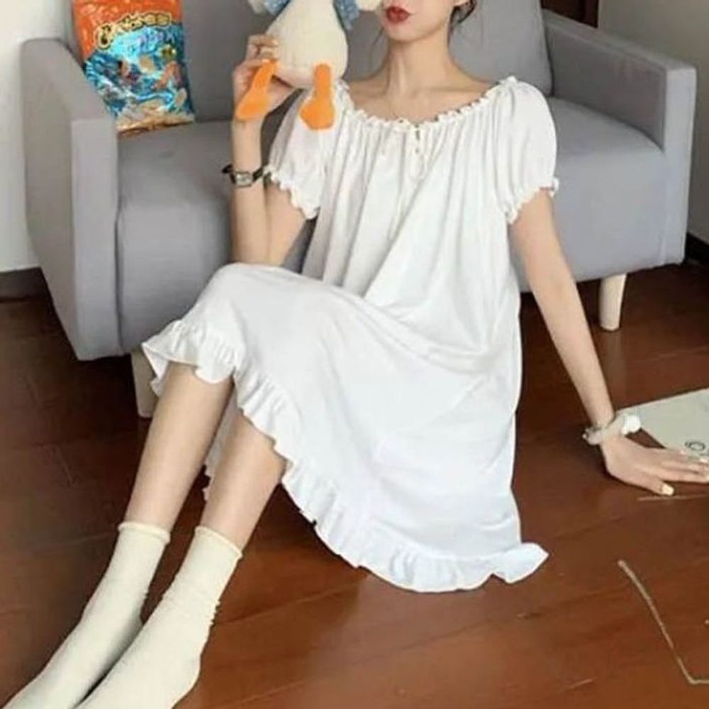 반팔 홈웨어 실크 프릴 원피스잠옷 실크원피스