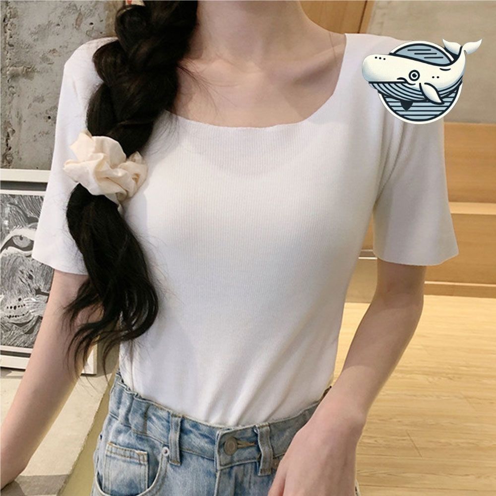 여름 슬림핏 스퀘어넥 골지 반팔티셔츠 깨끗한