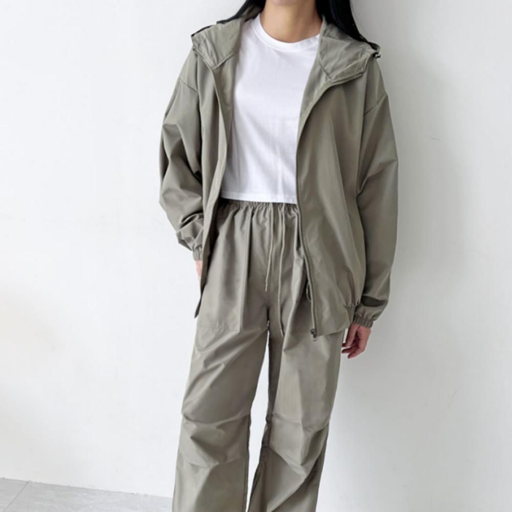 여성 간절기 데일리 스트링 후드 바람막이 와이드팬츠