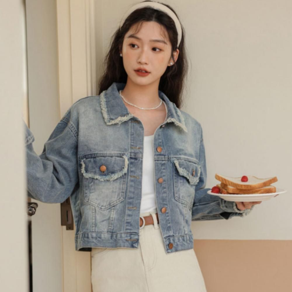 여성 빈티지 연청 포켓 크롭 청자켓 데님자켓