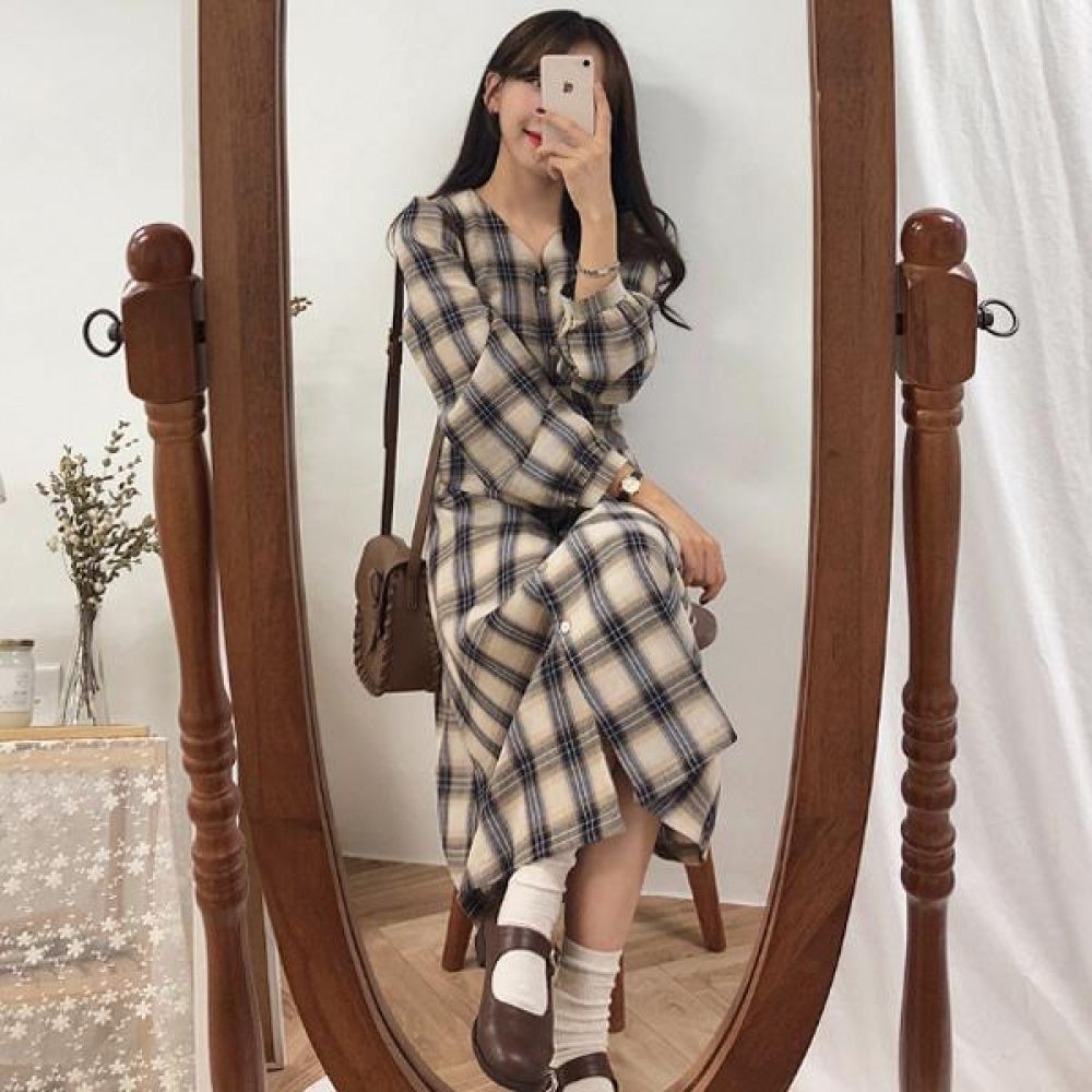 브이넥 단추형 롱원피스 여성셔츠 원피스 트위드