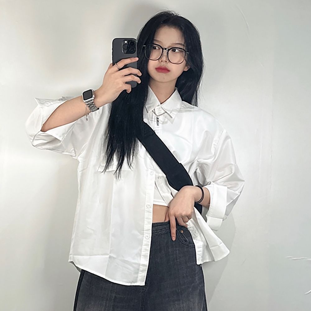 기본셔츠 오버핏 블루 흰색 여성 소라 봄 긴팔