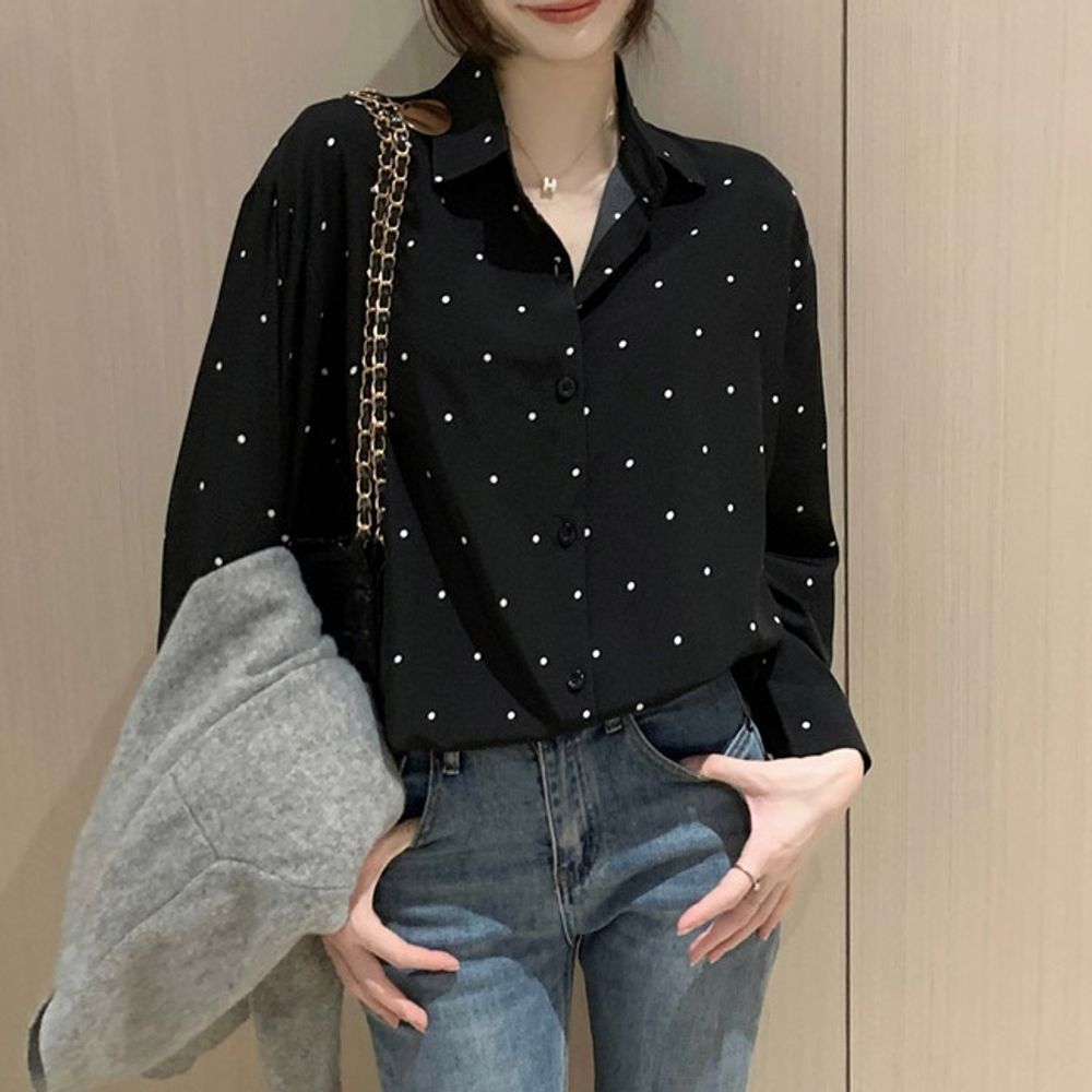 셔츠 여성 블랙 블라우스 캐주얼 도트 데일리