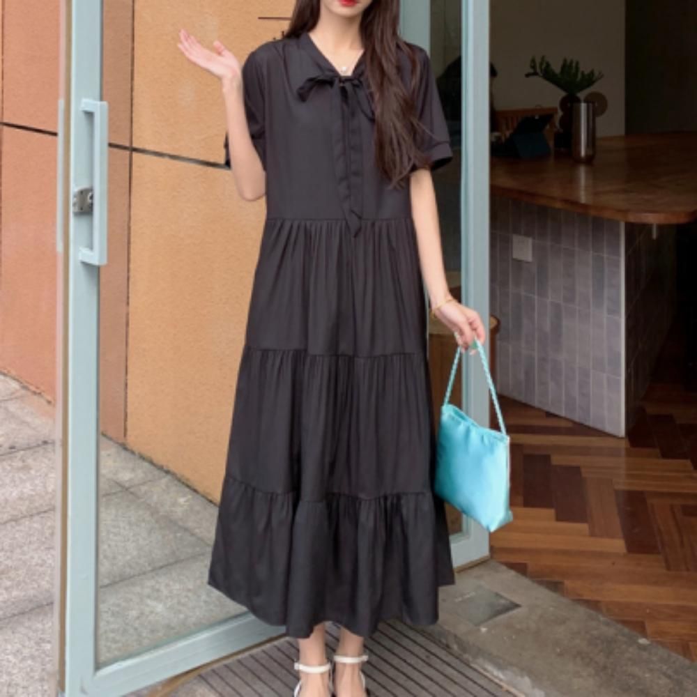 여성 여름 반팔 캉캉 롱 원피스 루즈핏 휴양지 맥시