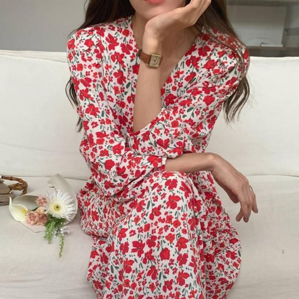 126503 플라워쉬폰 V넥 밴딩원피스 롱 멕시 V넥 봄여