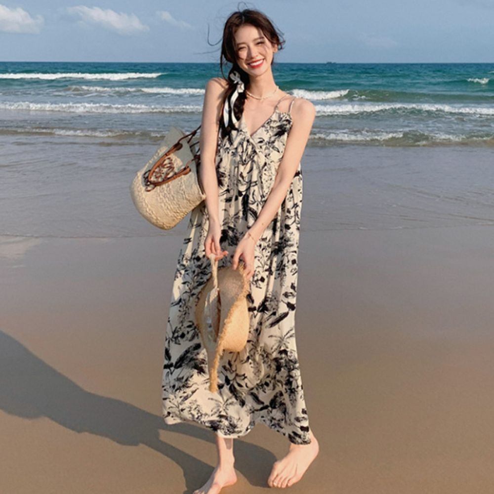 여성 플라워 패턴 수묵화 나시 롱 원피스