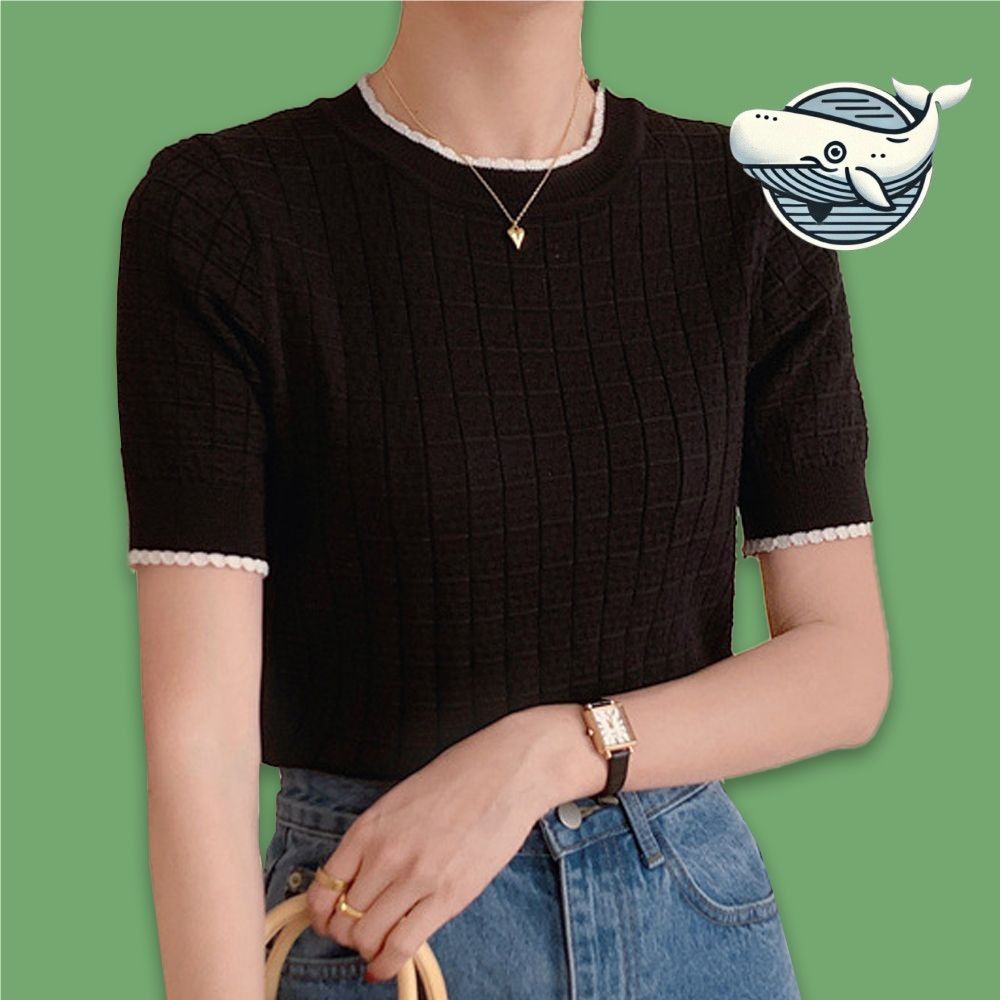 여성 여름 라운드넥 짜임 티셔츠 블랙 데일리