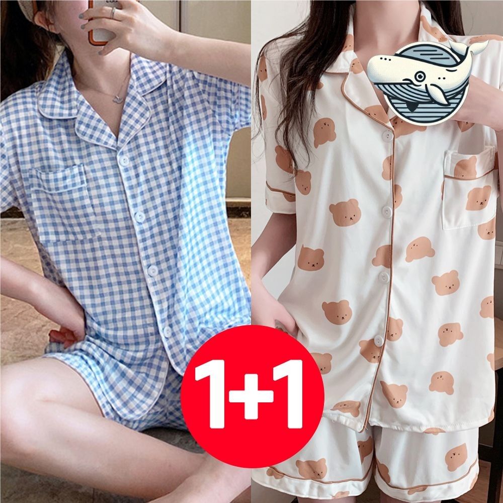 여성 여름 체크 반팔 잠옷 2개 귀여운 곰
