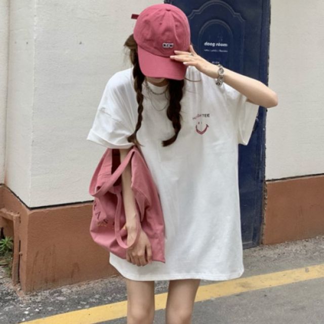 스마일 로고 여성 반팔티 박스티 면 MLB 여