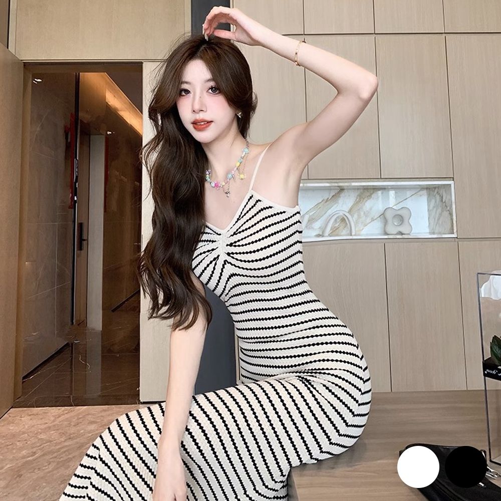 원피스 잔스 여름 트라이프 여성 짜임 끈나시