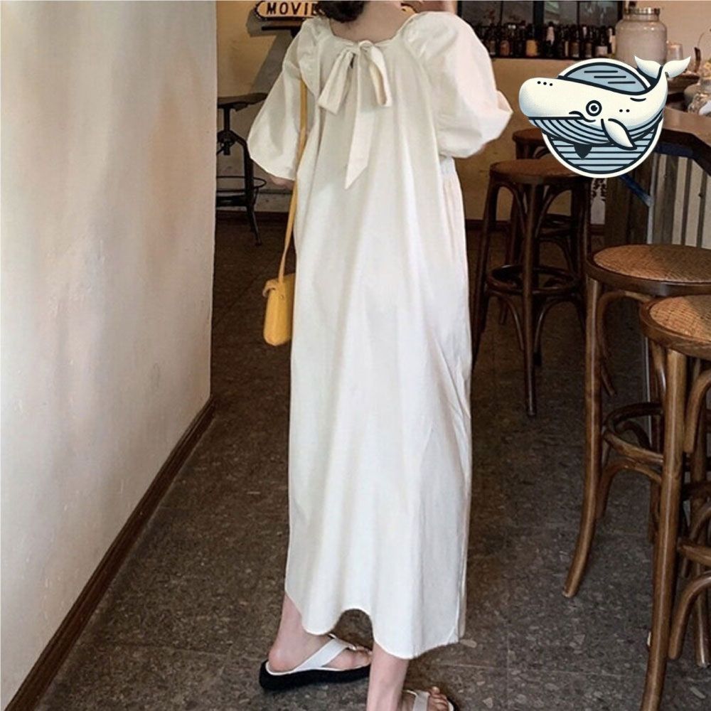 여름 라운드넥 뒷리본 롱드레스 편안한 체형커버
