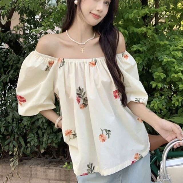 여자 무늬 플라워 기본 여름 데이 패션 오프숄더 밴딩