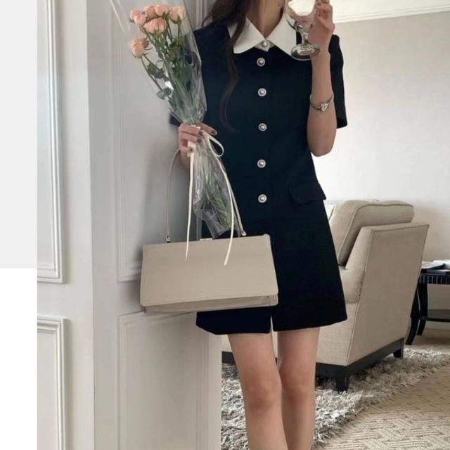 하객룩 데이트룩 카라 배색 버튼 포인트 셔츠 원피스