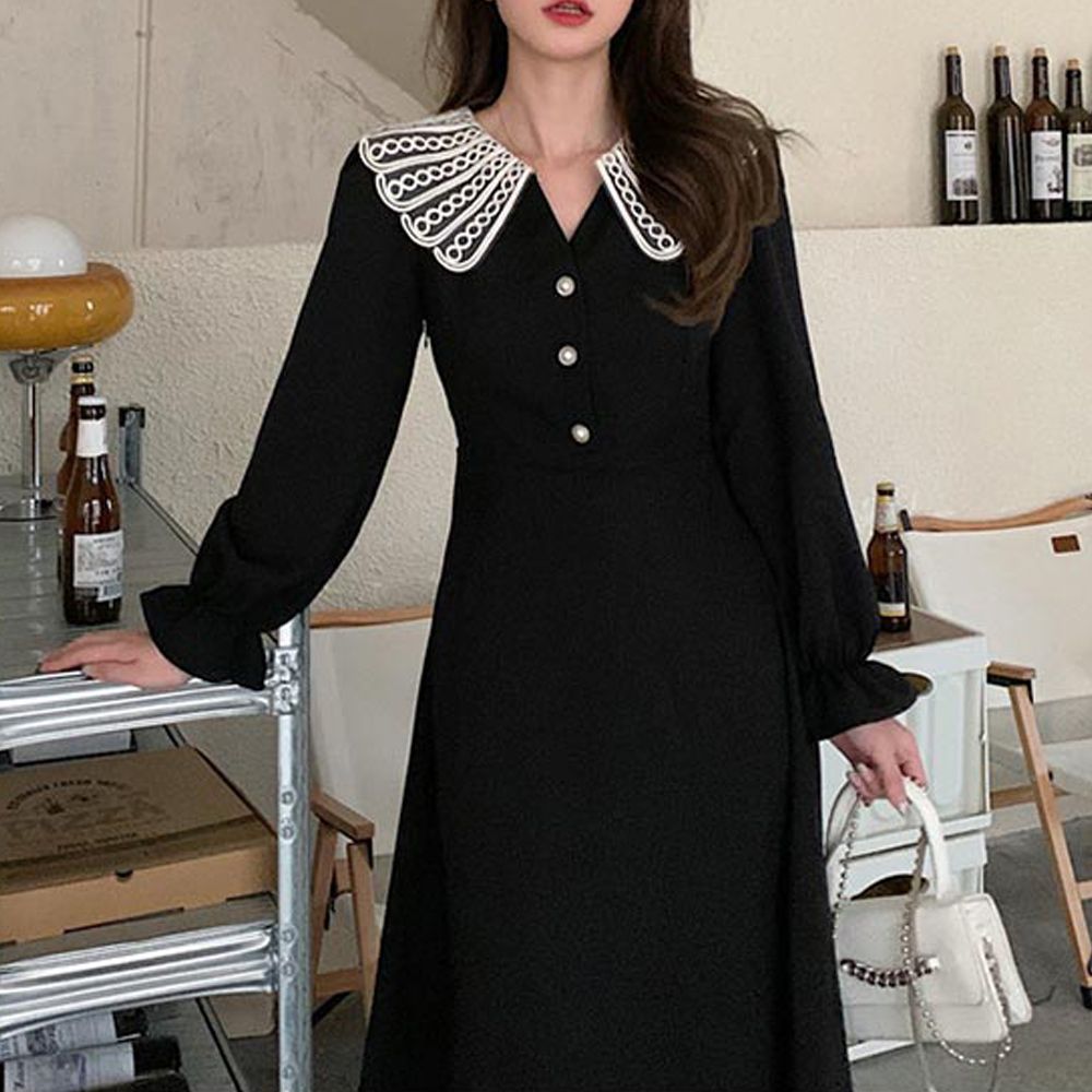 우아한 검정색 롱원피스 카라 레이스카라 오피스