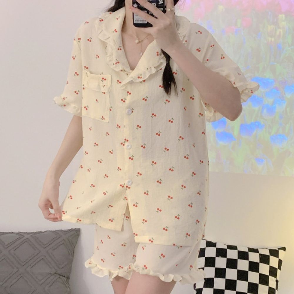 여성 프릴 잠옷 홈웨어 시원한 반팔 반바지
