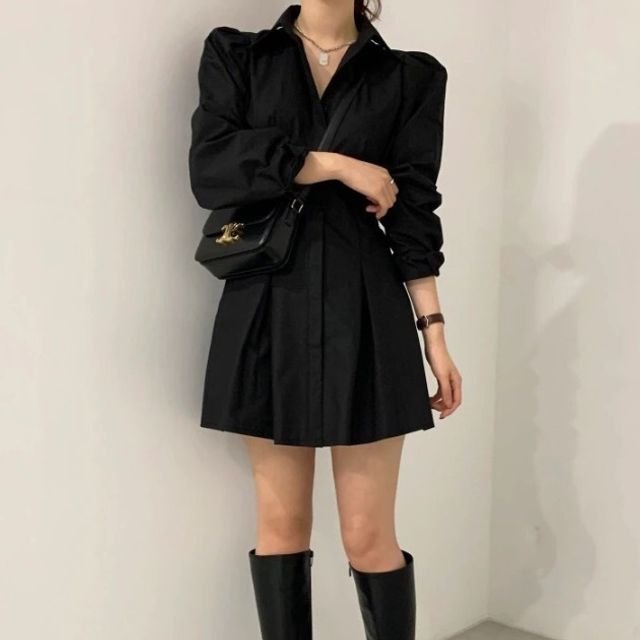 A라인 퍼프 소매 카라넥 미니 원피스 셔츠원피스