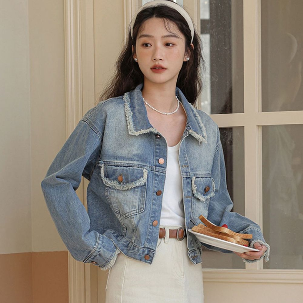 여자 캐주얼 빈티지무드 크롭 포켓 수술 블루 청자켓