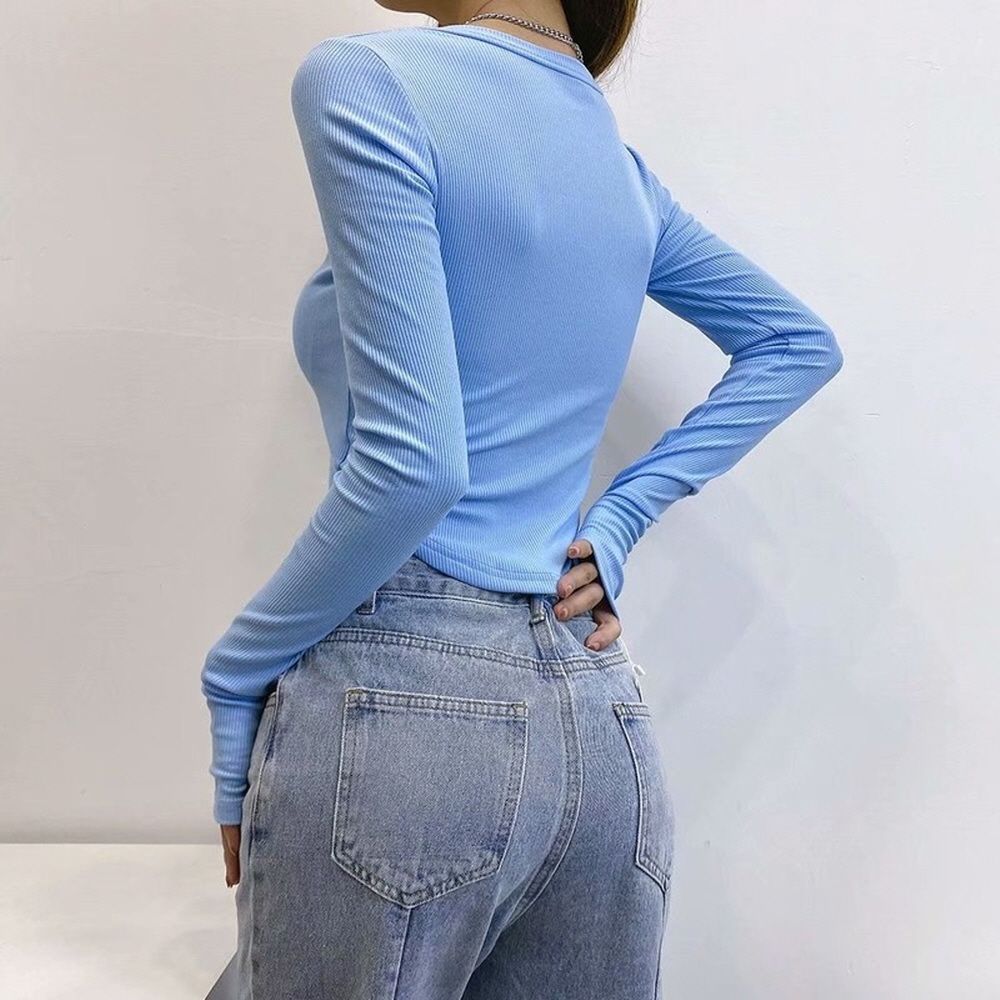 라운드 티 핑거홀 버튼 셔츠 크롭티 슬림 테스