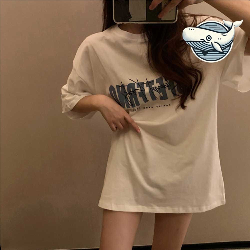여성 롱 오버핏 티셔츠 캐주얼 레터링 프린트