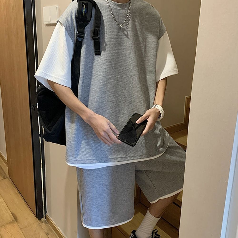 레이어드 2컬러 상하의셋업 반팔반바지세트 여름 남성