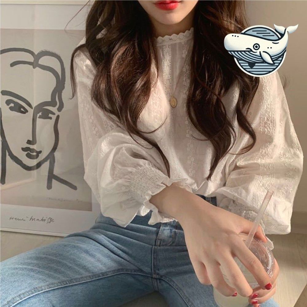 봄 화사한 자수 블라우스 라운드넥 프릴 스모크
