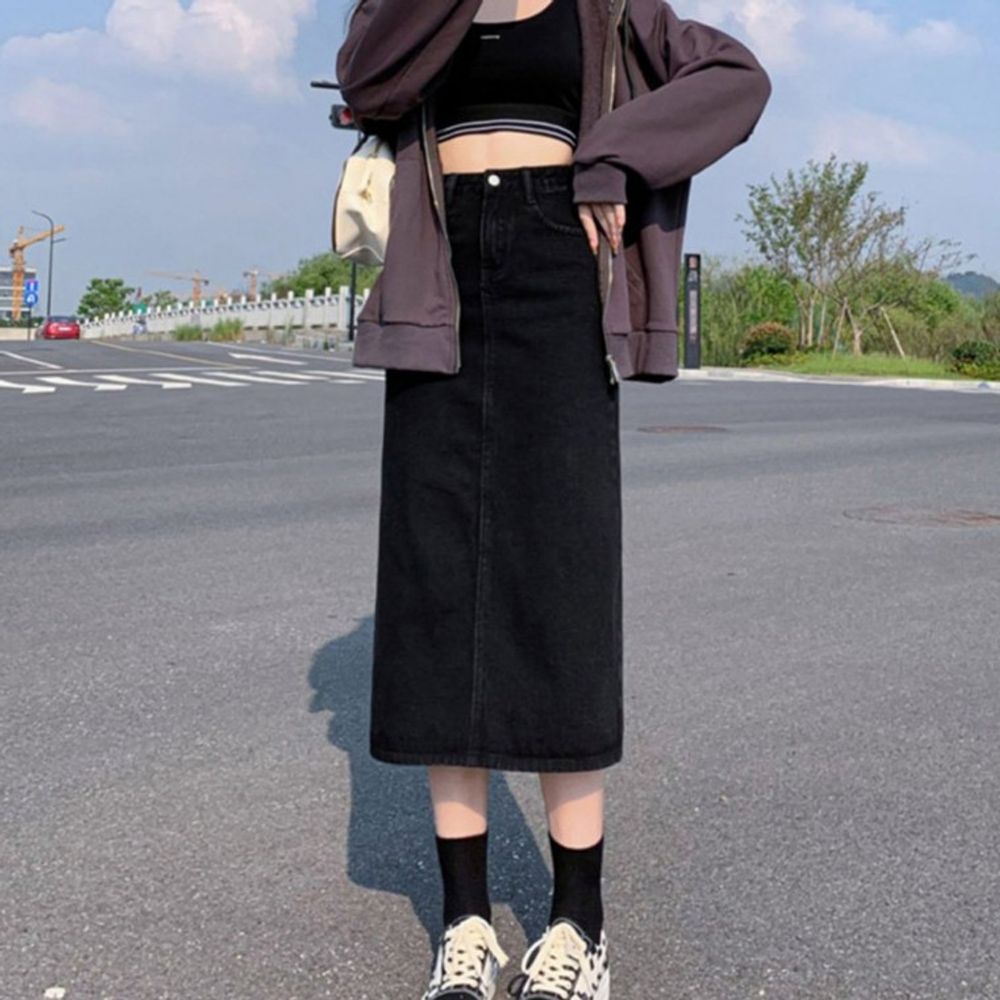 데님 스커트 여성 A라인 하이웨스트 뒷 블랙
