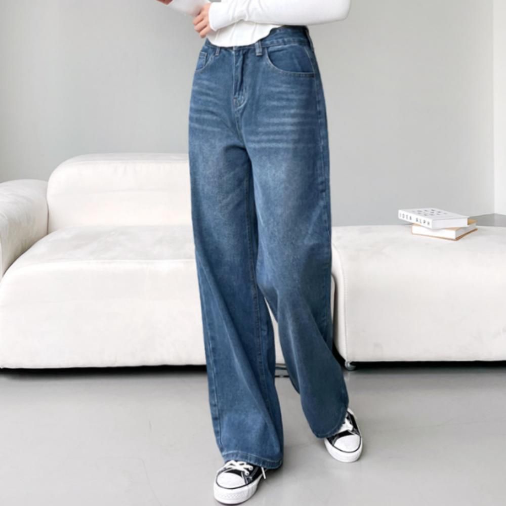 여성 데일리 캐주얼 워싱 세미 와이드 데님 청바지 팬