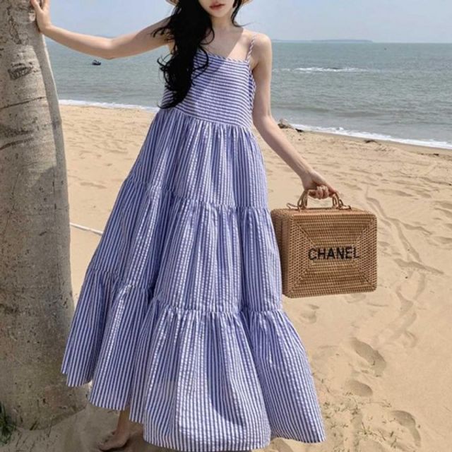스트라이프 롱원피스 끈나시 기본 플레어 데이 캉캉