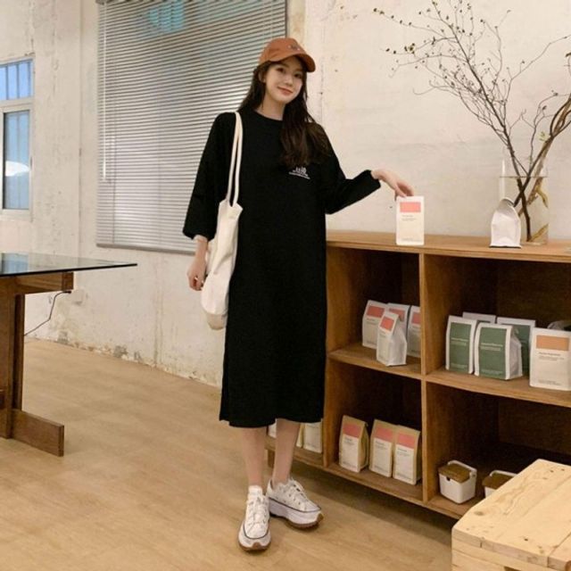 A라인 레터링 원피스 기본 긴팔 데이 롱원피스 휴양지