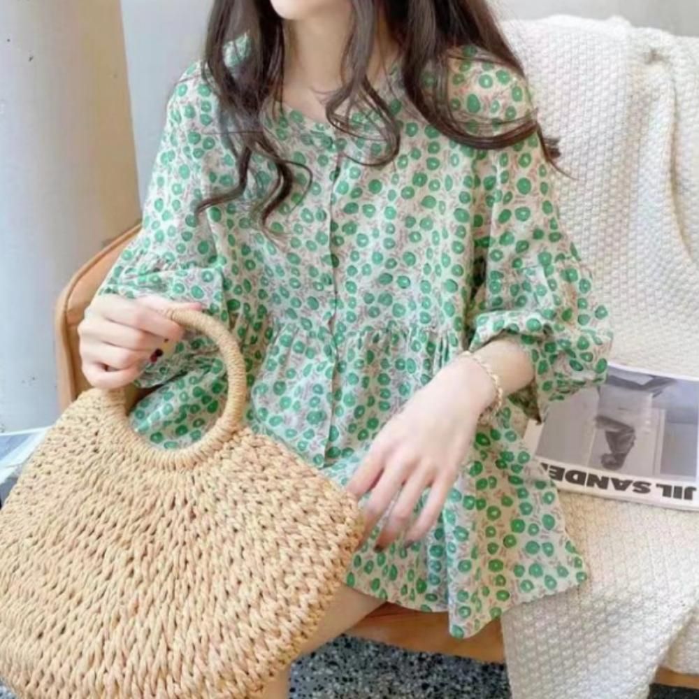 여성 여름 플라워 루즈핏 예쁜 면 마 블라우스 그린