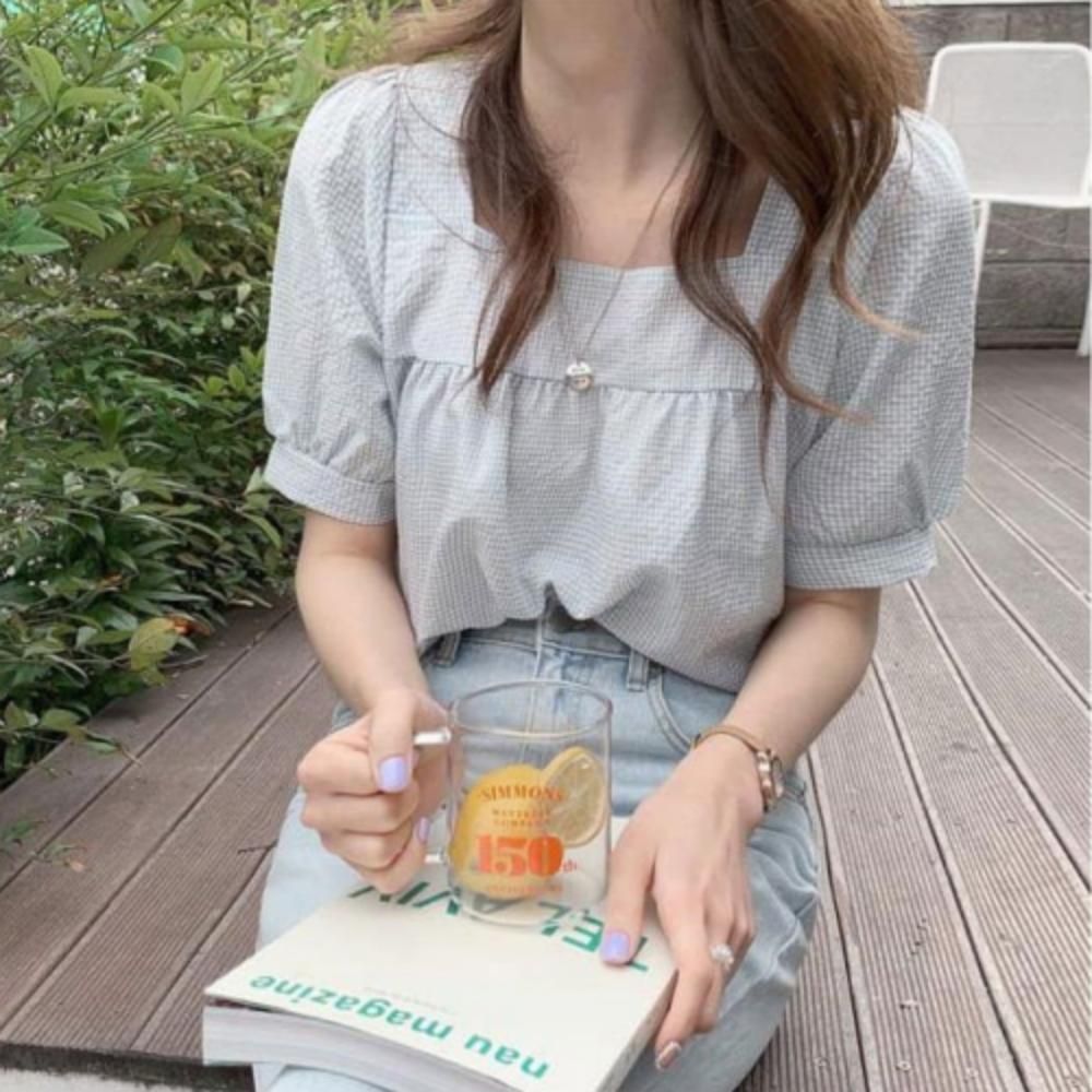 여성 셔링 스퀘어넥 체크 반팔티 1P 여름 데일리룩