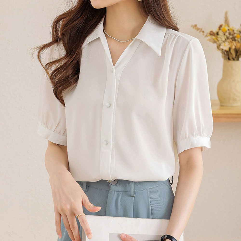 카라 퍼프소매 블라우스 반팔 셔링 여유핏 군살커버