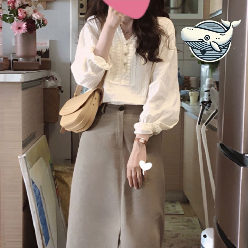 여자 브이넥 긴팔 루즈핏 레이스 블라우스