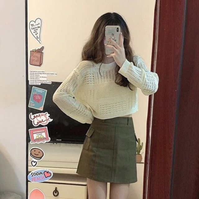 크롭 긴팔 여름 기본 그물 데이