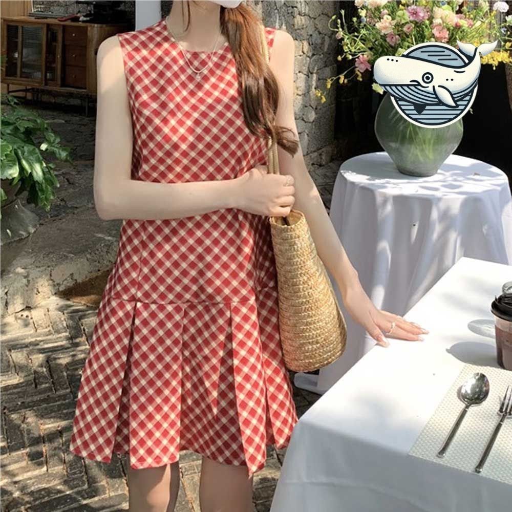 빈티지 체크 민소매 원피스 여름 스타일 슬림핏