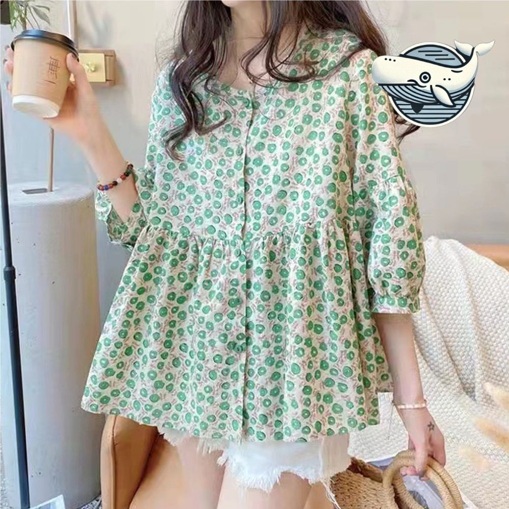 여성 여름 꽃무늬 루즈핏 면 마 셔츠 그린