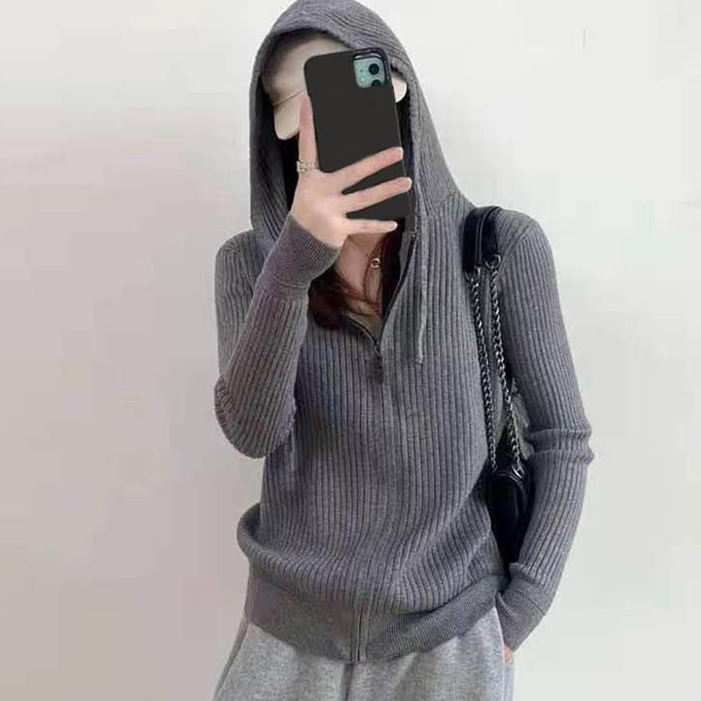 여성 후드 골지 니트 집업 가디건 캐주얼 데일리룩
