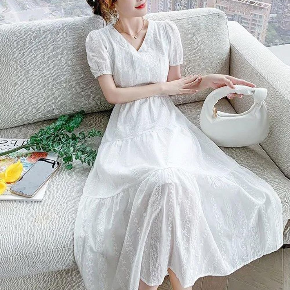여성 펀칭 퍼프 소매 반팔 롱원피스 1P 플레어 스커트