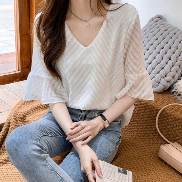 여성 루즈핏 여름 기본 브이넥 데이 반팔 셔링 블라우