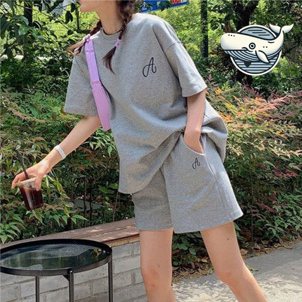 편안한 반팔티 투피스 자수 레터링 캐주얼 밴딩