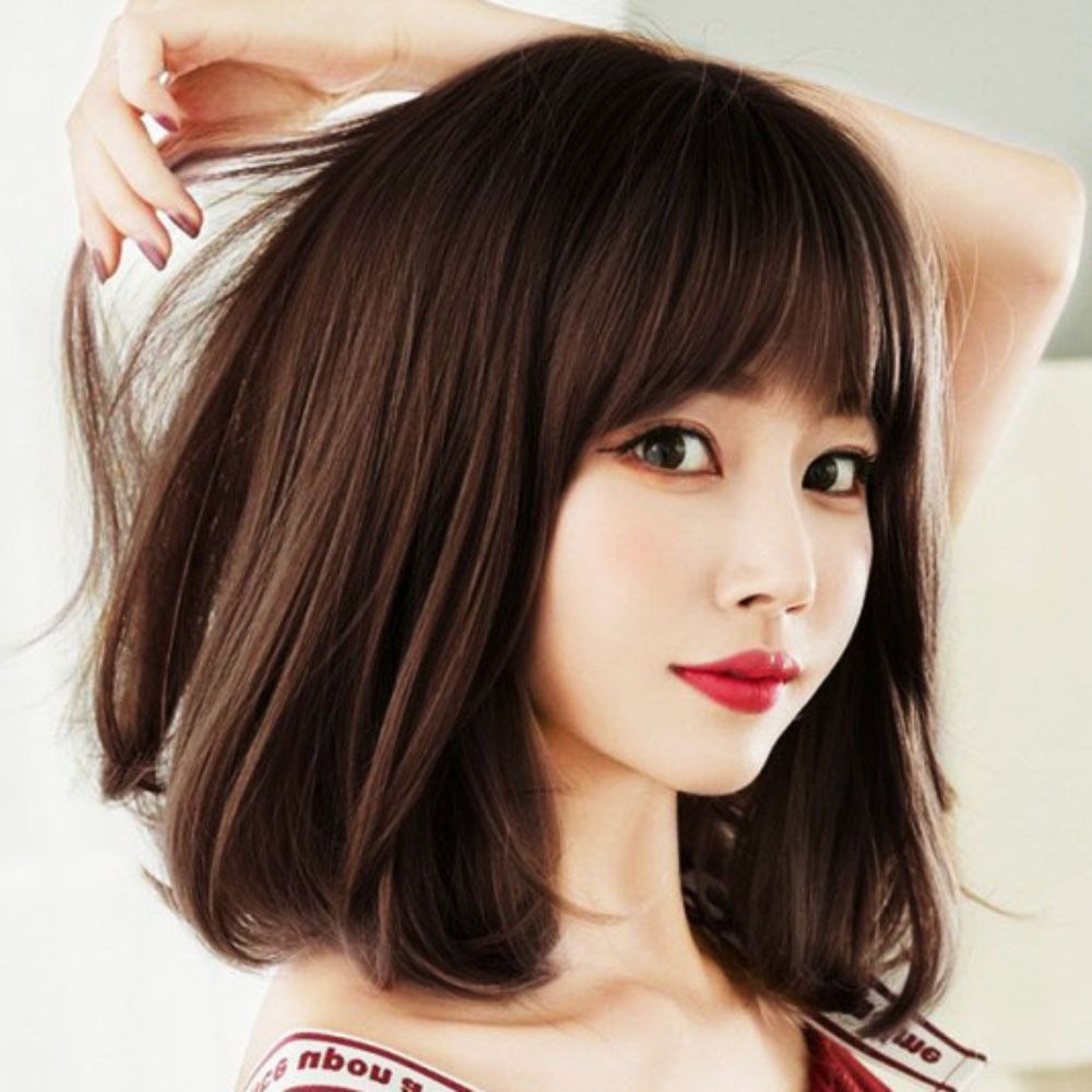 통가발 c컬 브라운 여성용가발 중단발 네츄럴