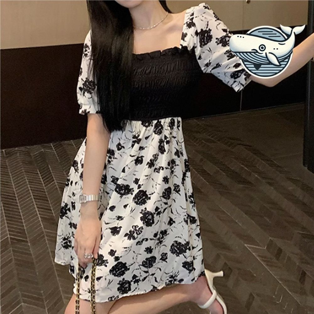 여름 블랙 꽃무늬 스퀘어넥 미니 원피스 우아한