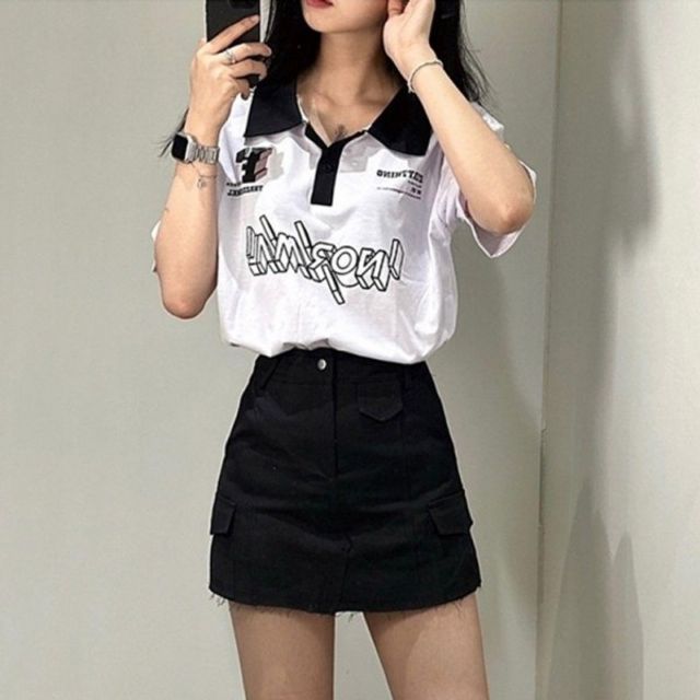 스포티 단추 카라 기본 티 데이 반팔 티셔츠 Y2K 블록