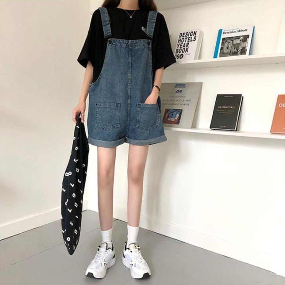 여자 데일리 귀여운 루즈핏 롤업 데님 멜빵 반바지