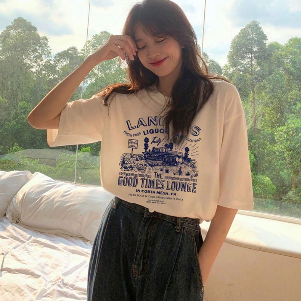 캐주얼 랜더스 여성 반팔 빈티지 여름 루즈핏 티셔츠