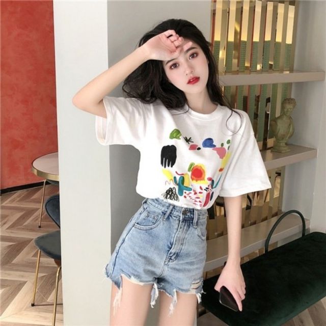 S9060 프린팅 루즈핏 기본 여름 데이 썸머 라운드 반