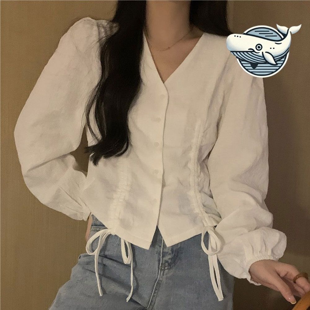 브이넥 포인트 스트링 블라우스 자카드 원단