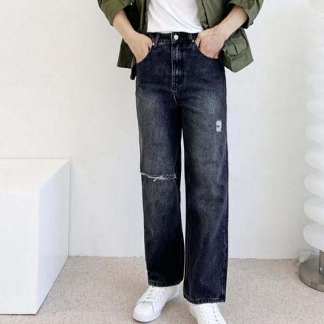 남성 데일리 캐주얼 빅사이즈 와이드 찢청 데님팬츠