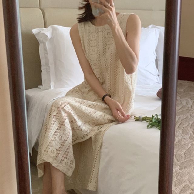 여성 데일리 레이스 자수 원단 민소매 원피스